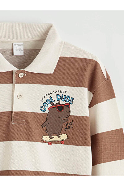 LC Waikiki Brown Polo Collar Striped Printed Boys' T-Shirt
