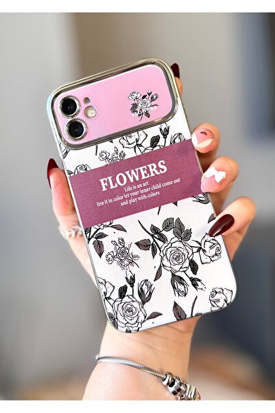 MİRAZ TASARIM iPhone 11 Flower Patterned Ecru Case with Shiny Silver Details