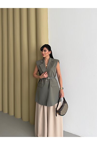 Nadrina 85 cm Long Vest Oversized Gold Buckle Belted Shoulder Pad Piece Elega...