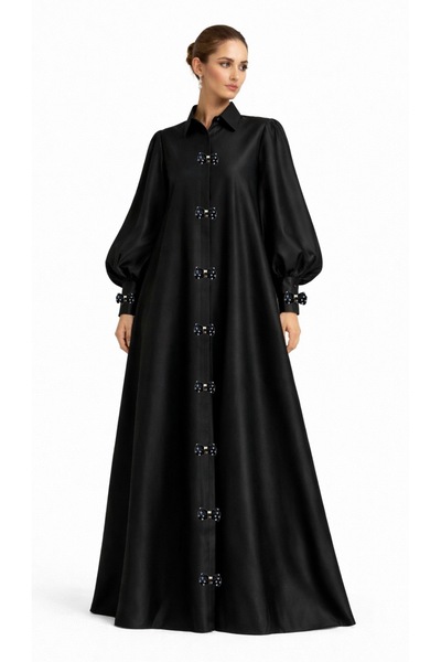 UNTIMELY Black Maxi American Satin Shirt Dress with Stone-Embellished Bow App...