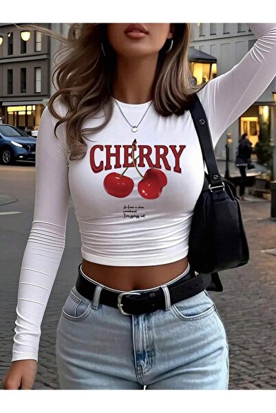 PALPİTO Γυναικείο μακρυμάνικο χτενισμένο βαμβακερό κορμάκι με στάμπα κεράσια ...