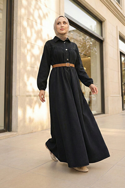 MODAQU Long Denim Dress with Rubberized Sleeves and Buttons, Black
