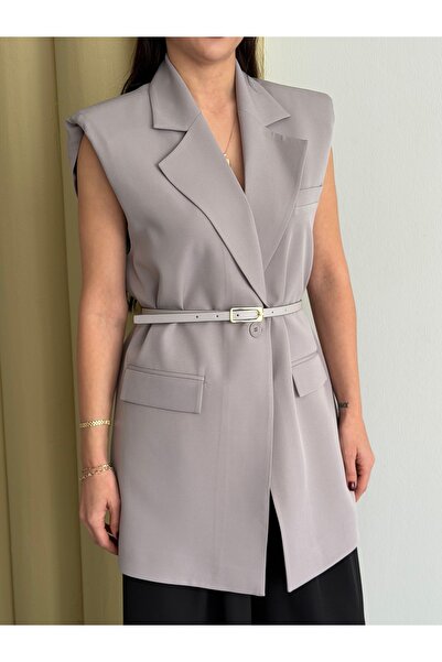 Nadrina 85 cm Long Vest Oversized Gold Buckle Belted Shoulder Pad Piece Elega...