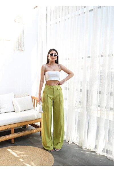 Adora Moda Linen Button Detailed Draped Palazzo Trousers