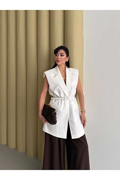 Nadrina 85 cm Long Vest Oversized Gold Buckle Belted Shoulder Pad Piece Elega...