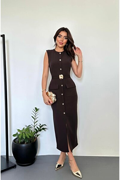 Dilek Vardar Belted Buttoned Brown Midi Dress with Pocket Detail