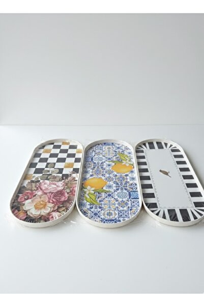 Mutser Modern Sunumluk Tepsi | 3’lü Dekoratif Set | Renkli ve Şık Desenli Kah...
