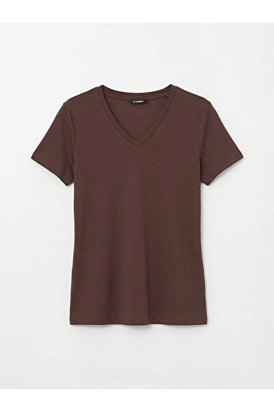 LC Waikiki Brown V-Neck Soft Touch Women's T-Shirt