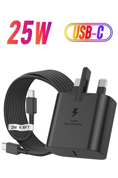 Shopi شاحن سامسونج فائق السرعة بقوة 25 واط مع كابل USB-C بطول 2 متر - قابس حا...
