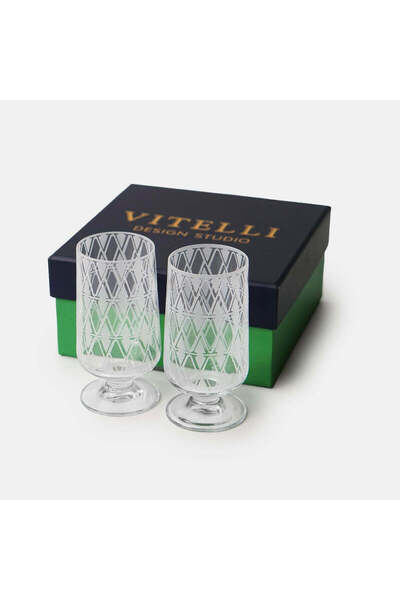 VITELLI DUBAI طقم أكواب ماء وقهوة جانبية شفافة مزينة بشعار مونوجرام، قطعتان