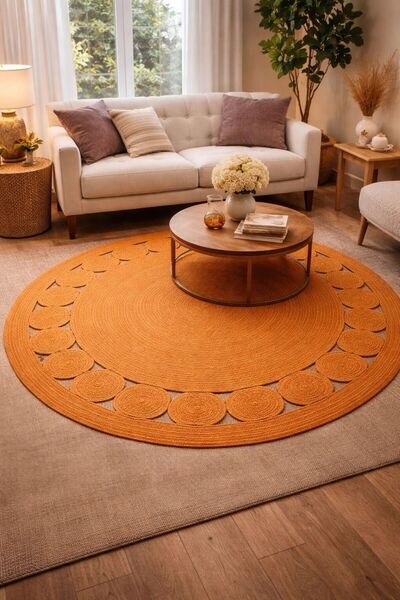 Öz-Tex Home Jute Straw Hand Knitted Carpet Rug Washable Double Sided Round