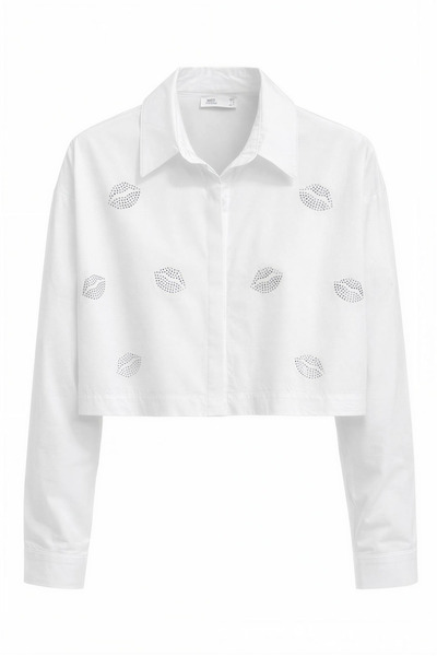 Miss Poem Women's White Stoned Lip Detailed Crop Long Sleeve Shirt