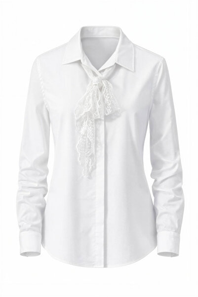 Miss Poem Women's White Lace Scarf Long Sleeve Shirt