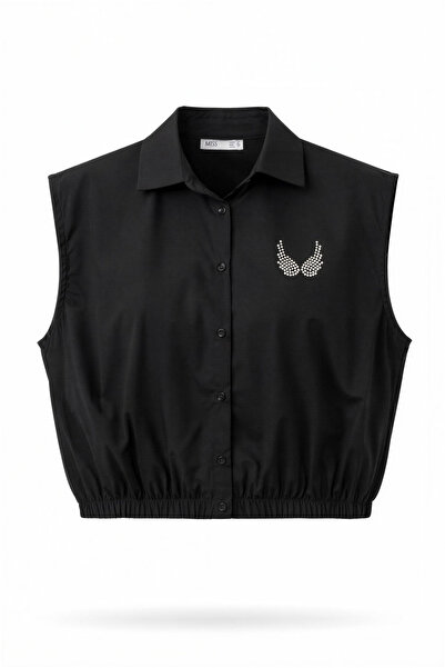 Miss Poem Women's Black Sleeveless Cotton Shirt with Stones and Elastic Waist