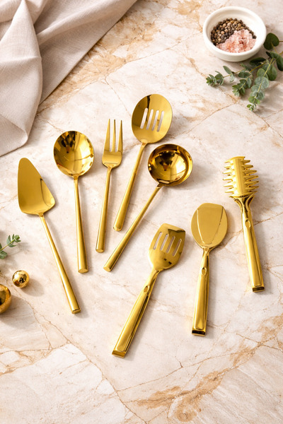 BERMİRA Home Collection 8 Parça Gold Sos Servis Seti Ve Maşa Servis Sunum Set...