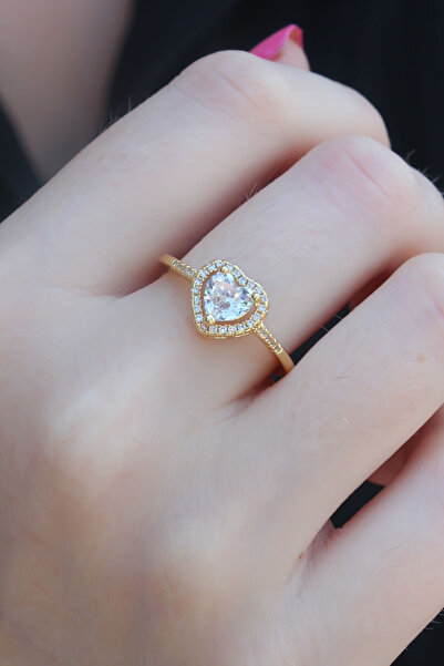 CT STONES Gold Color Zircon Stone Heart Model Charm Brass Women's Ring