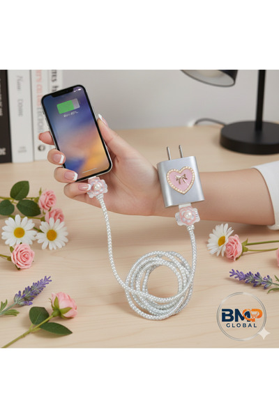 BMP MARKET Gri Kalp İnci Detaylı & Figürlü Şarj Kablo Koruyucu ve Adaptör Kıl...