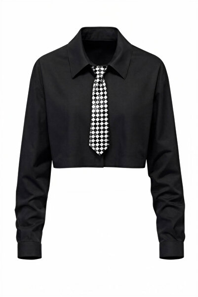 Miss Poem Women's Black Tie-Crop Long Sleeve Shirt