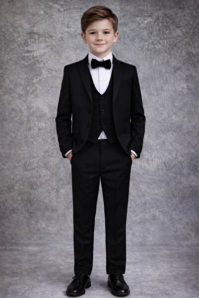 Tarz Çocuk طقم بدلة سوداء للأولاد مكون من 5 قطع - بدلة عريس، زفاف، حفل تخرج، ...