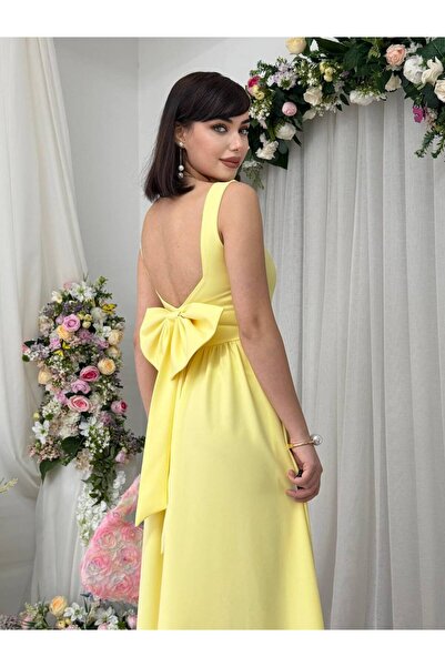 ETİKAFASHION Kare Yaka Kalın Askılı Fiyonk Detay Maxi Elbise