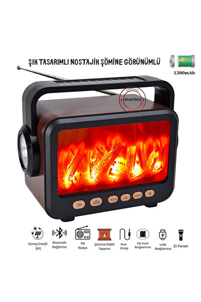 ROXİVA Şömine Tasarımlı Retro Taşınabilir Bluetooth Speaker Güneş Eneji Şarj ...