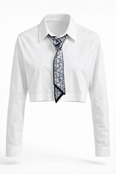 Miss Poem Women's White Scarf Detailed Crop Shirt