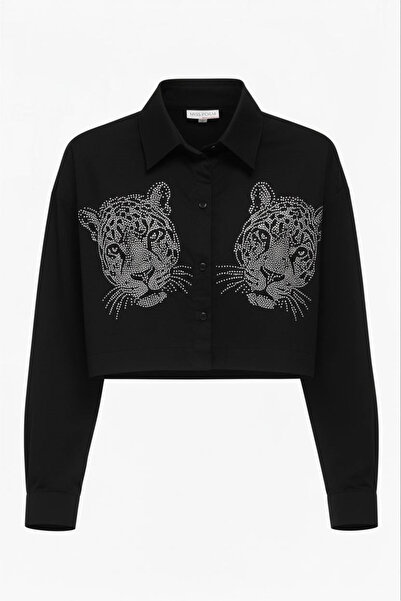 Miss Poem Women's Black Double Tiger Stone Crop Long Sleeve Shirt
