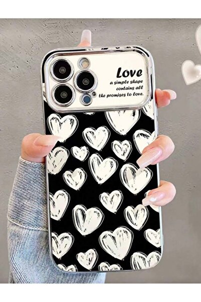 MİRAZ TASARIM غطاء لهاتف آيفون 14 برو ماكس بنمط القلب مع تفاصيل فضية لامعة