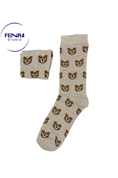 FENRA STUDIO Пълни кърпи Меки термични чорапи с мотив на мече Бежови дамски п...