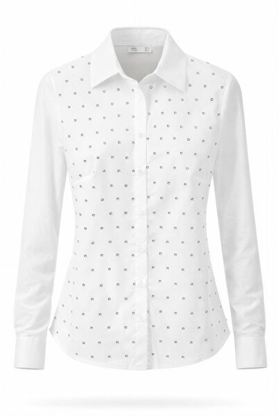 Miss Poem Women's White Stone Detailed Cotton Lycra Shirt