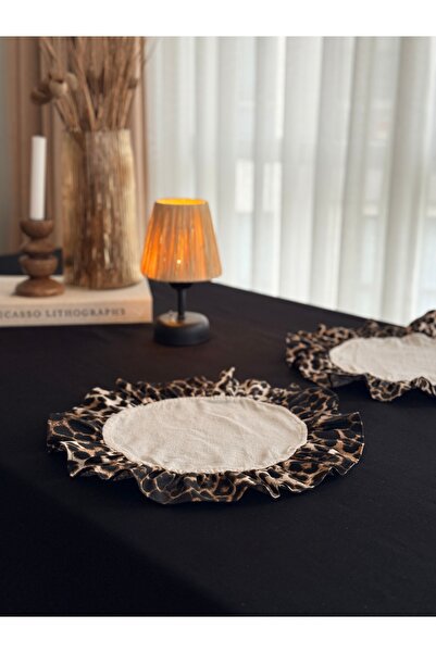 KaiAtelier 4-Piece Natural X Leopard Linen Round Ruffle Detailed American Ser...