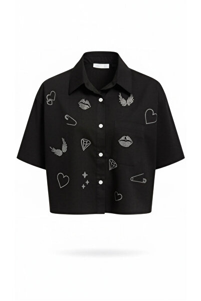 Miss Poem Women's Black Stone Printed Short Sleeve Crop 100% Cotton Shirt