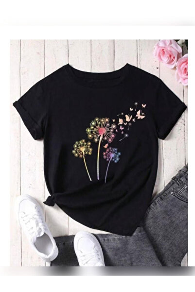 TİMİSİVA Unisex Oversized Sanatsal Printed Crew Neck Short Sleeve Black T-Shirt