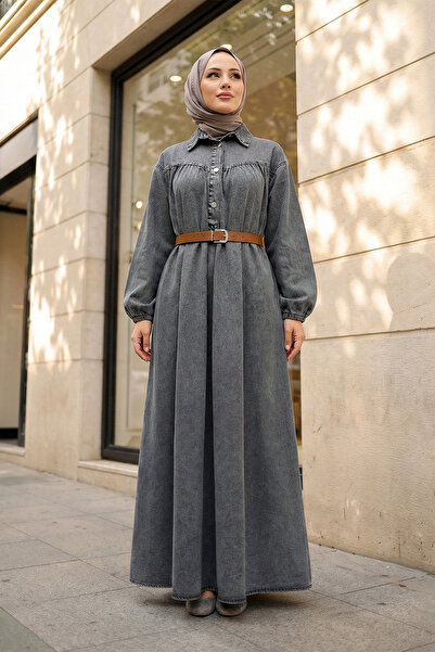 MODAQU Buttoned Long Denim Dress with Rubberized Sleeves, Smoked