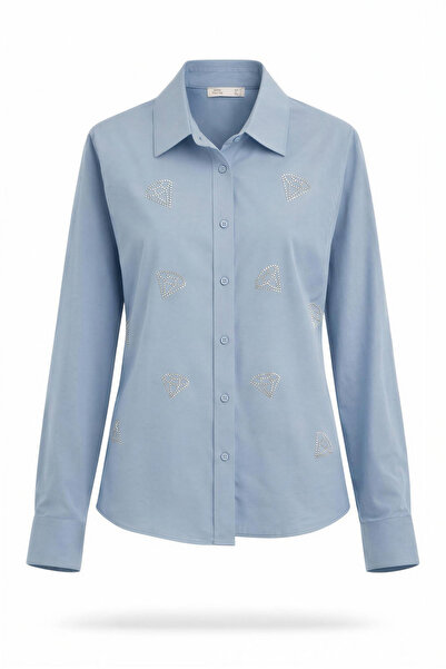 Miss Poem Women's Blue Shirt with Stone Collar, 100% Cotton Shirt