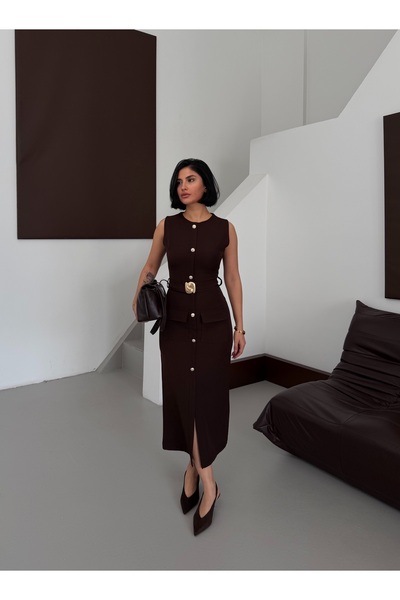 maf collection Women's Brown Button and Belt Detail Pencil Dress