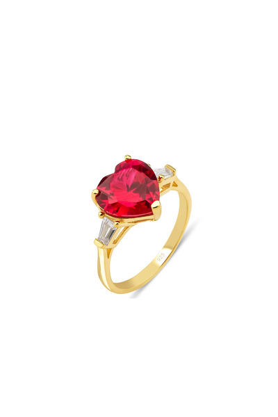 KLAZOJEWELRY 925 Ayar Gümüş Üzeri 18 Ayar Altın Kaplama Kalp Kesim Taşlı Baget Detaylı Yüzük