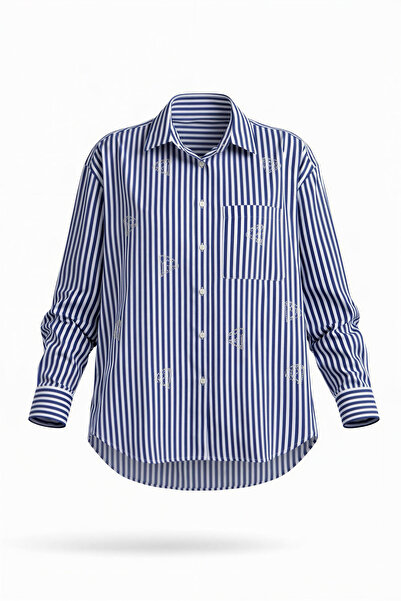 Miss Poem Women's Navy Blue White Striped Shirt with Stone Detail
