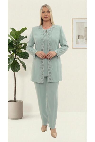 MİSS DİAMOND Jacket with Stone Embroidery and Lining, Stylish Mint Three-Piec...