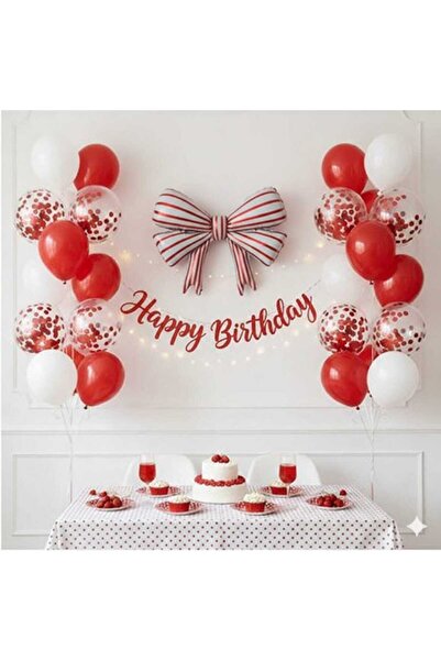 ÇITIPITISTORE Kırmızı Beyaz çizgili fiyonk doğum günü konsepti parti balon set