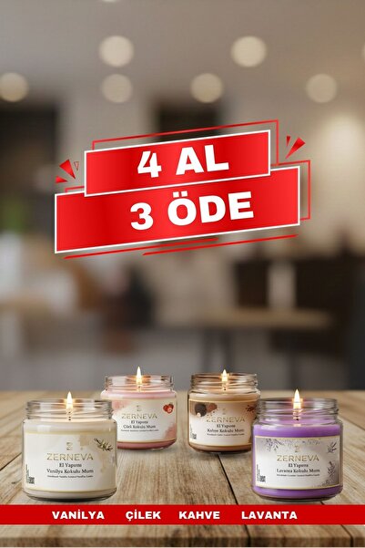 ZERNEVA 4'LÜ KOKULU MUM SETİ - AVANTAJLI PAKET (VANİLYA-ÇİLEK-KAHVE-LAVANTA)