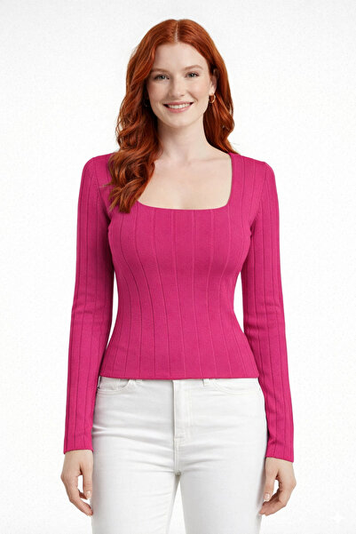 Neden Tekstil Square Neck Ribbed Long Sleeve Knit Sweater