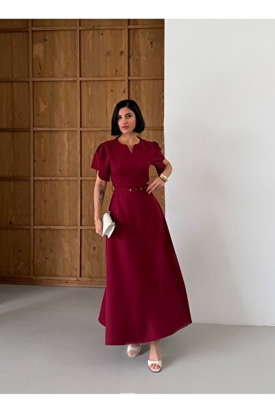 maf collection فستان سهرة طويل للنساء بلون بورجوندي وياقة على شكل V وأكمام قص...