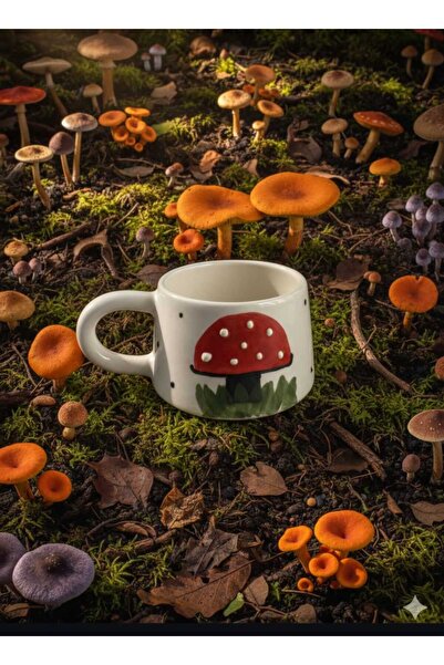 CEYU SERAMİK Red Mushroom Patterned Handmade Ceramic Mug