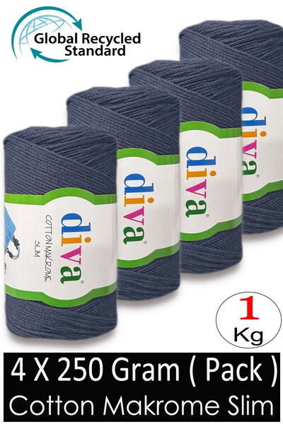 Diva İplik (4 × 250 جرام) - 1 كجم - 2 مم - خيط كوتون مكراميه للحقائب 2113 جينز