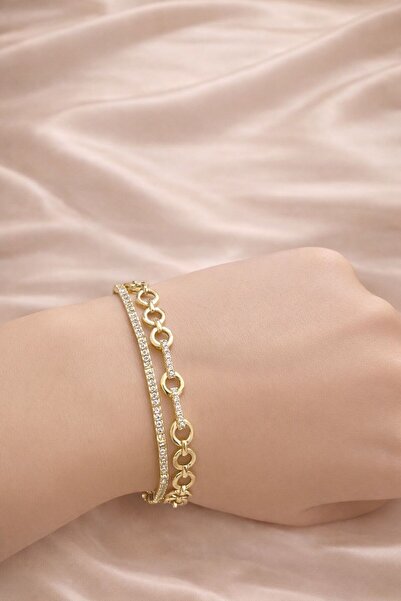 Ascera 2’li Tennis ve Halkalı Zincir 316L Altın Renk Çelik Bileklik Seti – Ka...