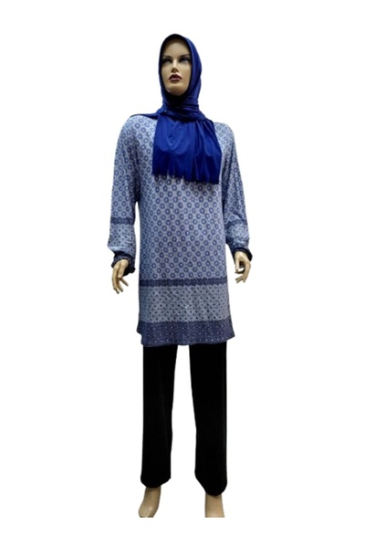 eflin Women's Hijab Islamic Clothing Tunic Blue Combed Cotton Striped