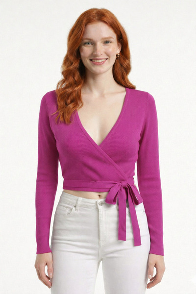 Neden Tekstil Double-Breasted Collar Tie-Up Ribbed Knit Cardigan