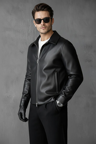 Bossago Men's Black Leather Classic Collar Jacket - Old Money Style - Premium...