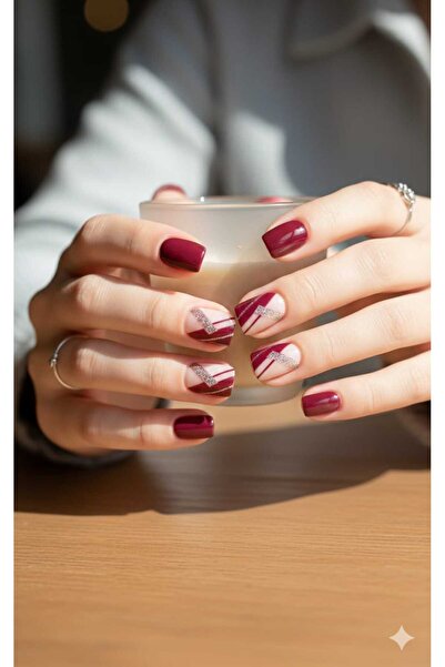 SOSYETEZGAHI Takma Tırnak Seti & Zararsız Yapıştırıcı Desenli Simli Bordo,Siy...